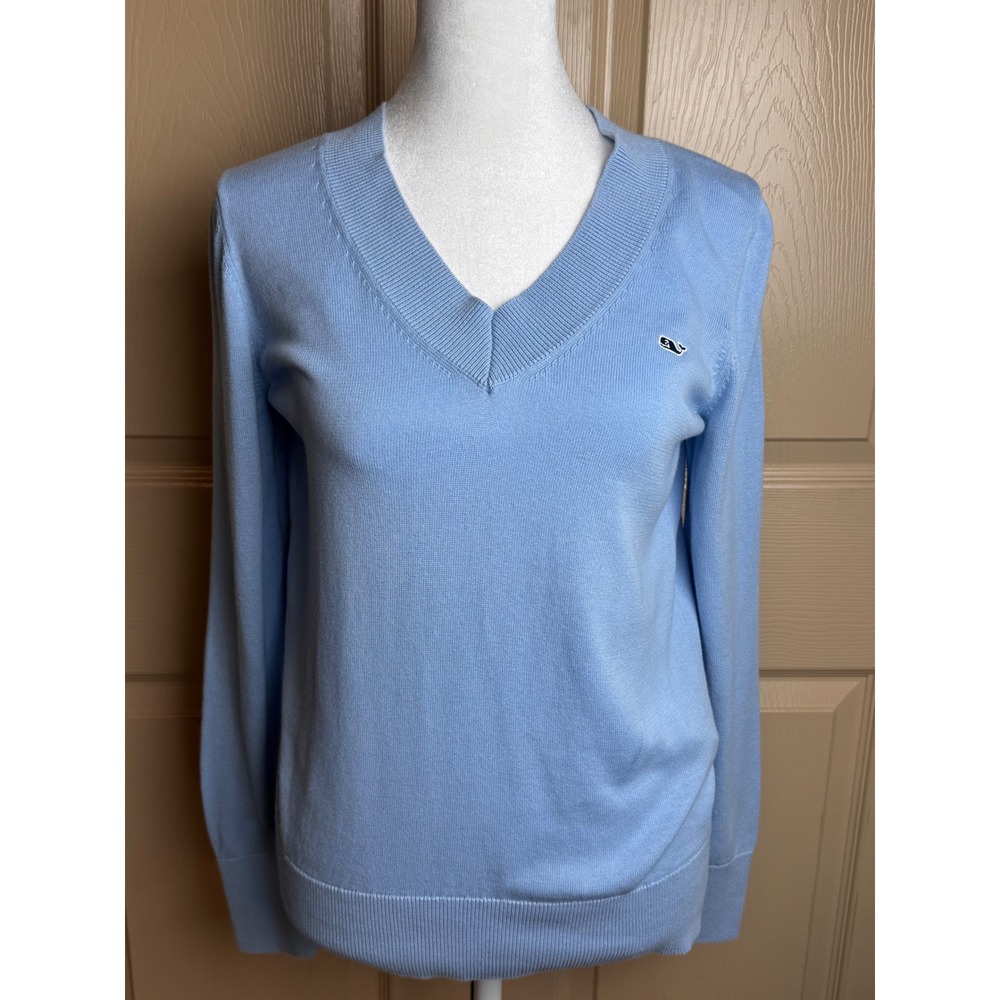 Vineyard Vines Womens Blue Cotton V-Neck Whale Logo Sweater XS Nautical Coastal